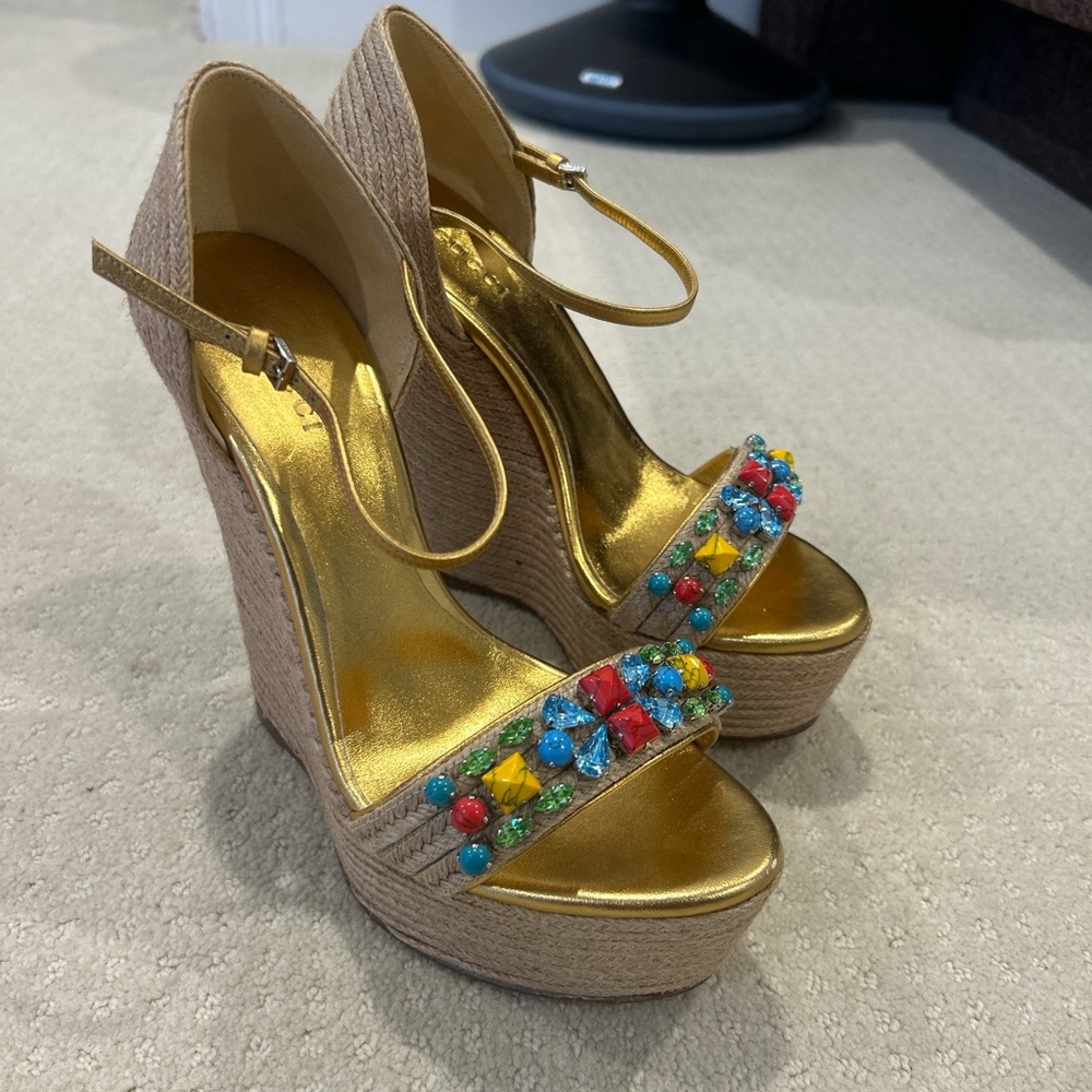 Gold and Tan Embellished Wedge Sandals